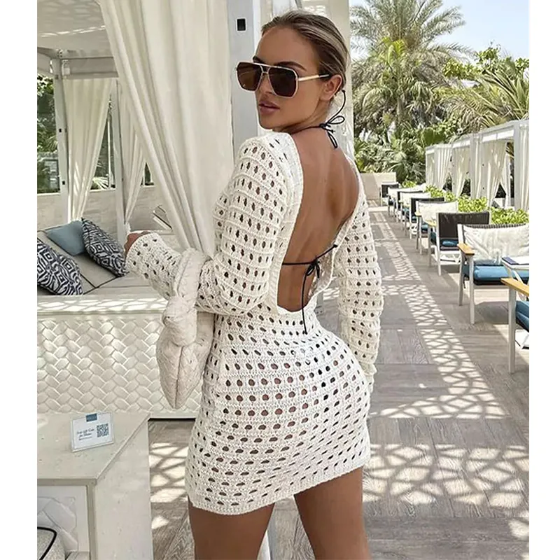 Mulheres Swimwear Sexy Bikini Cover-Ups Branco Crochet Túnica Malha Verão Praia Vestido Mulheres Beach Wear Swim Terno Y2K Bodycon Cover Up 230408