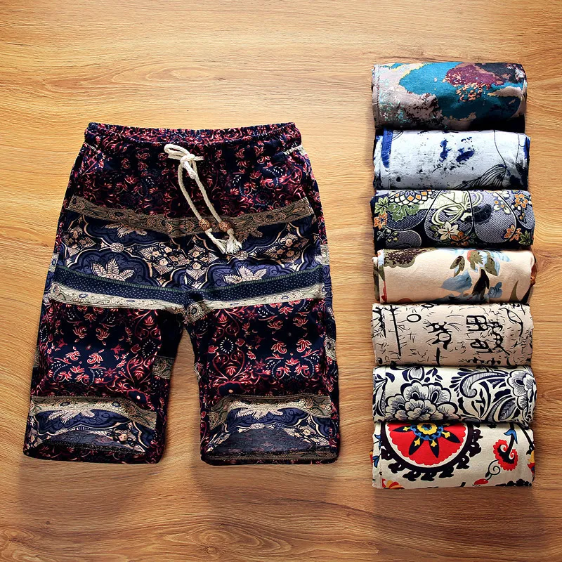 Mäns shorts Sommarbutik Flower Cotton Linen Men's Casual Beach Shorts Herrens bekväma andningsbara fritidshorts Male 230408