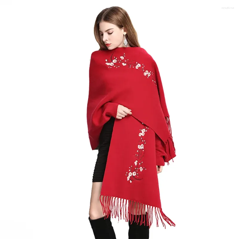 Scarves Women Cashmere Feel Embroidery Shawl Long Sleeve Lady Luxury Wrap Autumn Winter Vintage Knit Cardigan Christmas Sweater Coat