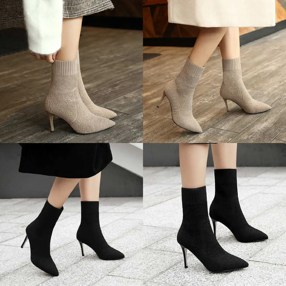 Quality Boots Spring Autumn New Korain Edition Elastic Knitted Pinoded Mid Lenght