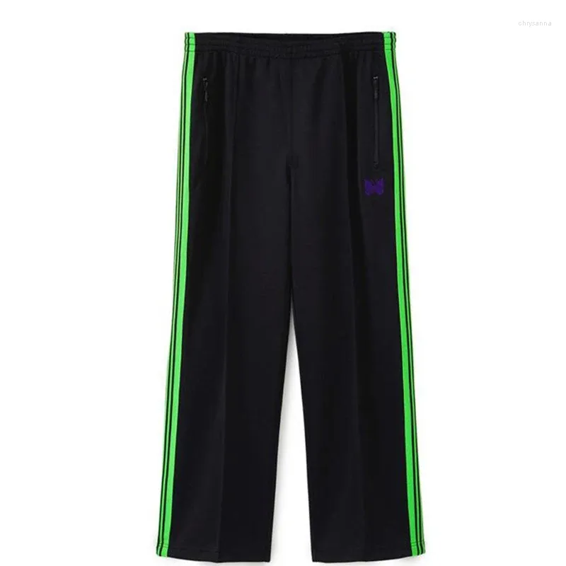 Pantalons pour hommes Needles Arrivée Coton Noir Pantalon de survêtement Papillon Broderie Vert Sangle Track Stripe Zipper Oversize Pantalon Hommes Femmes