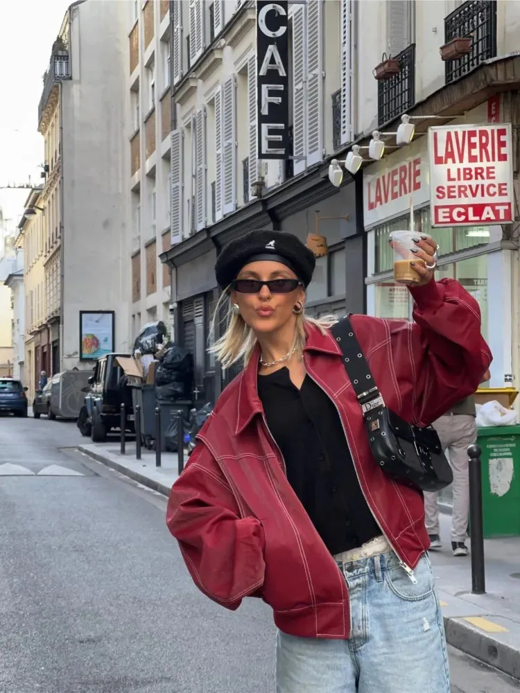 Red moto jacket women's sale
