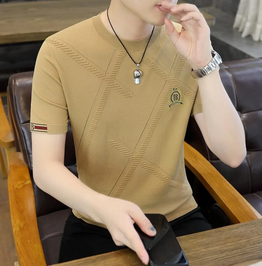 Męskie koszulki Koreańska wersja lodowa jedwabna koszulka z krótkim rękawem męskie haft haftowy na połowie rękaw