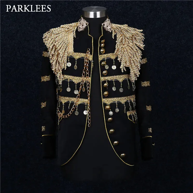 Costumes pour hommes Blazers Glands d'or Court Prince Veste de costume élégante Marque Col montant Slim Fit Steampunk Gothique Vintage Uniforme Costume Homme 231109