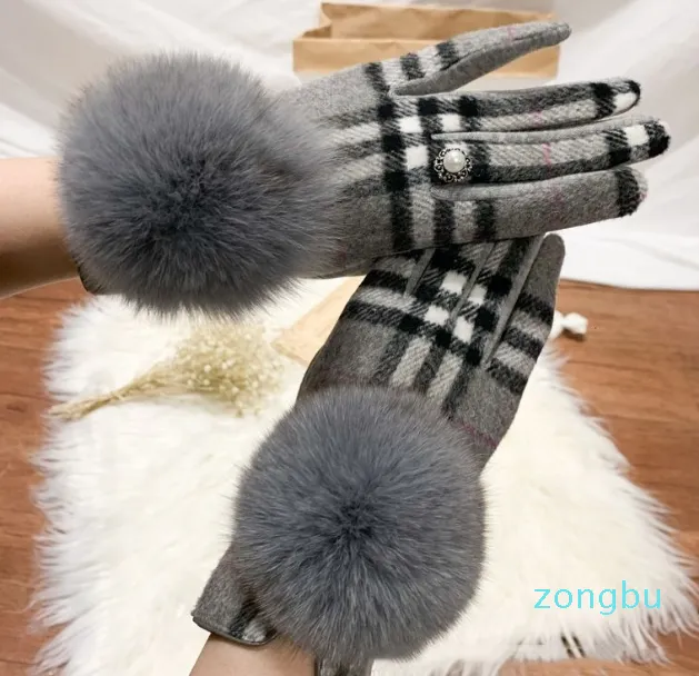 Five Fingers Gloves Women's Cashmere Gloves Ladies Touch Furry Fur Ball Plaid Wool Driving Glove Female Mittens