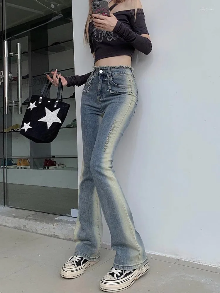 Women's Jeans Korean Fashion Streetwear Autumn Contrasting Colors Long High Waist Pant Blue Burrs Trousers Women Pants Retro