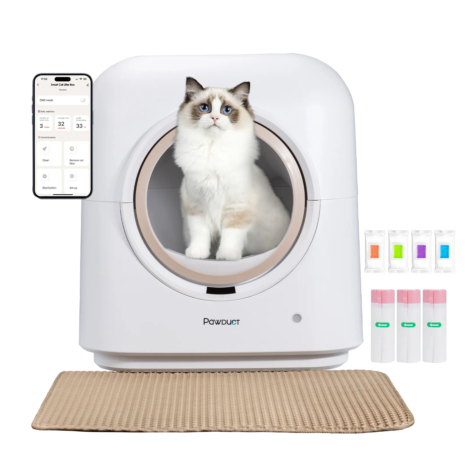 Pawduct Selbstreinigende intelligente Katzentoilette, extra große automatische Roboterbox für mehrere Katzen mit APP-Fernbedienung, intelligentem Radar-SicherheitsschutzA, Warnungen