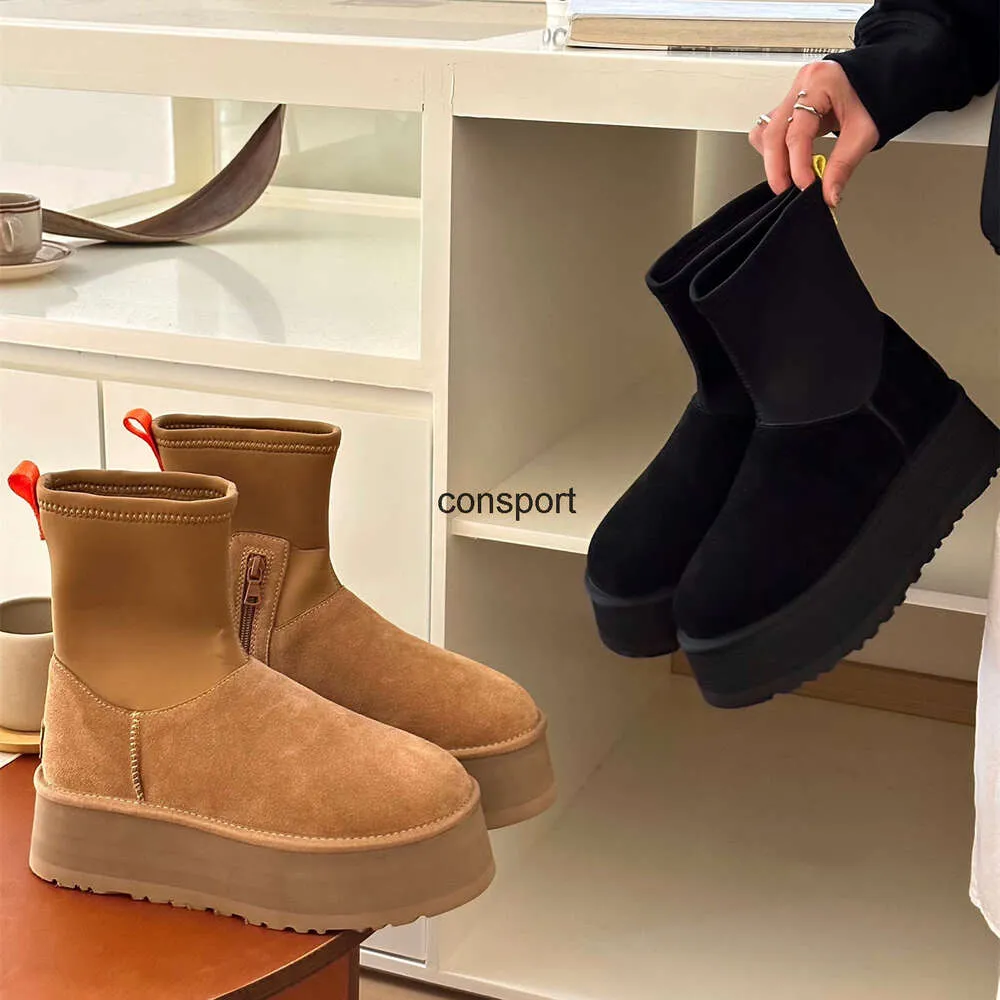 Stivali firmati W uggies Stivale classico Dipper Pelliccia di castagno Pantofole di pelle di pecora Shearling Tazz Nuovi muli Donna Uomo Stivale con plateau ultra Scarpe slip-on Pelle scamosciata Comfort invernale