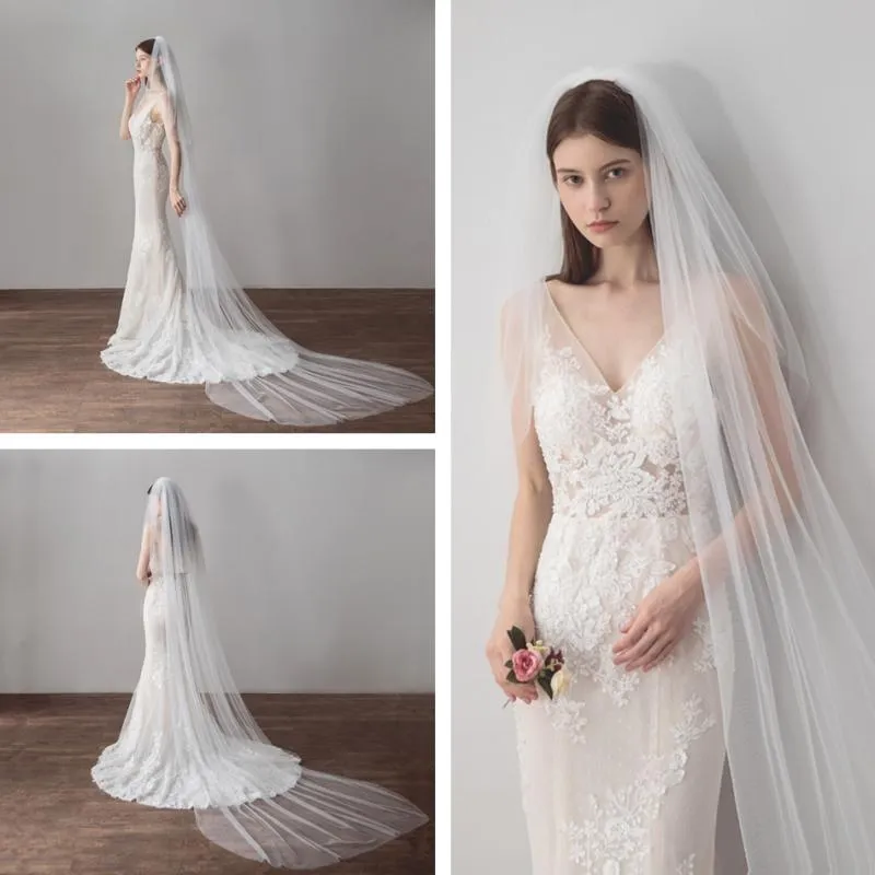 Veli da sposa avorio bianco avorio lungo velo raw taglio bordo doppia strato con accessori aplitivi applique