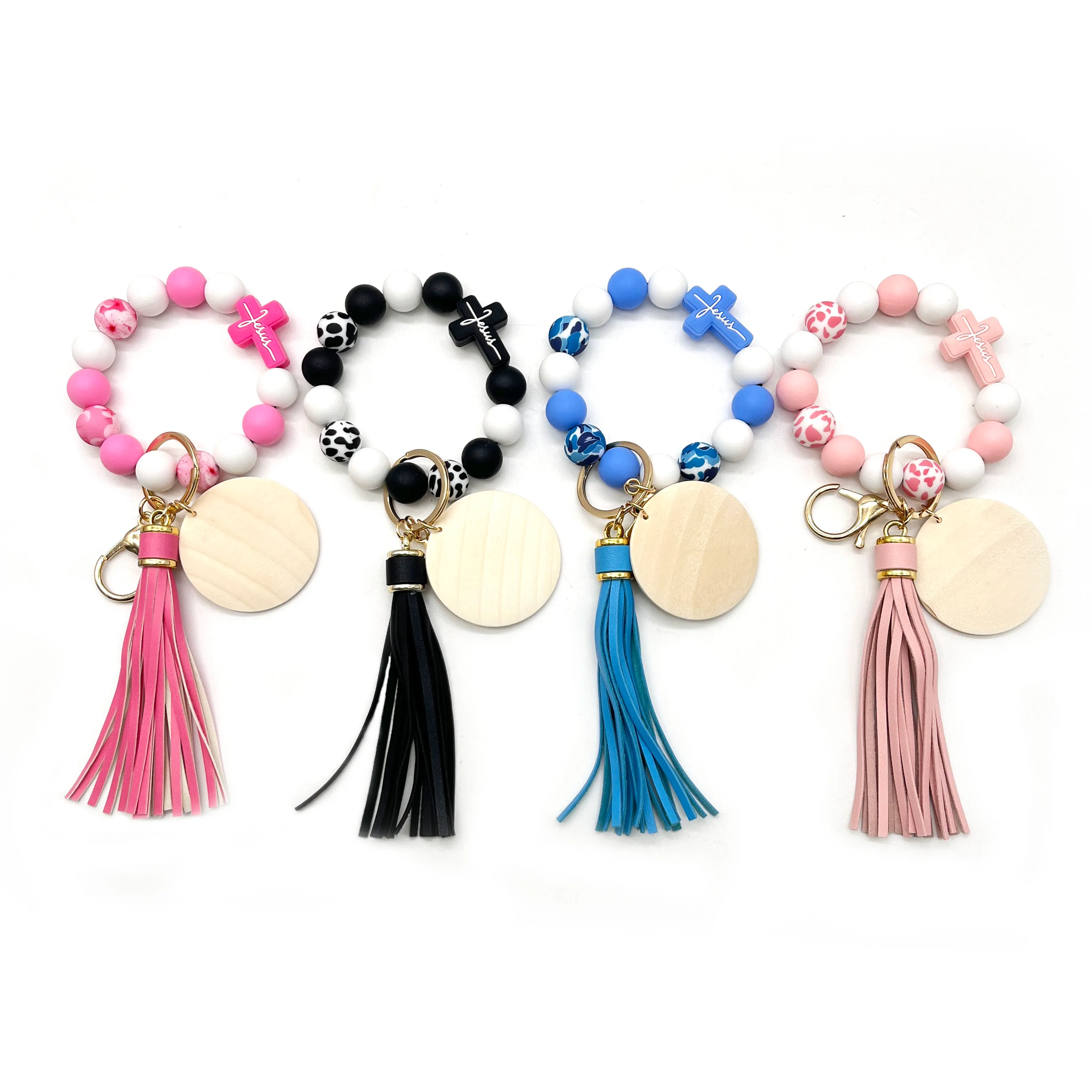 Cross border European and American beaded silicone cross milk cow bead bracelet PU leather tassel keychain wholesale