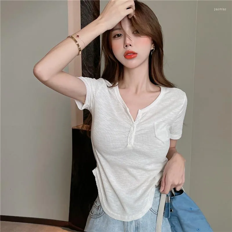 T-shirts pour femmes T-shirts de base élastiques en coton à manches courtes col en V Sexy Lady Tees Summer White Top Slim Fit Street Wear Style coréen