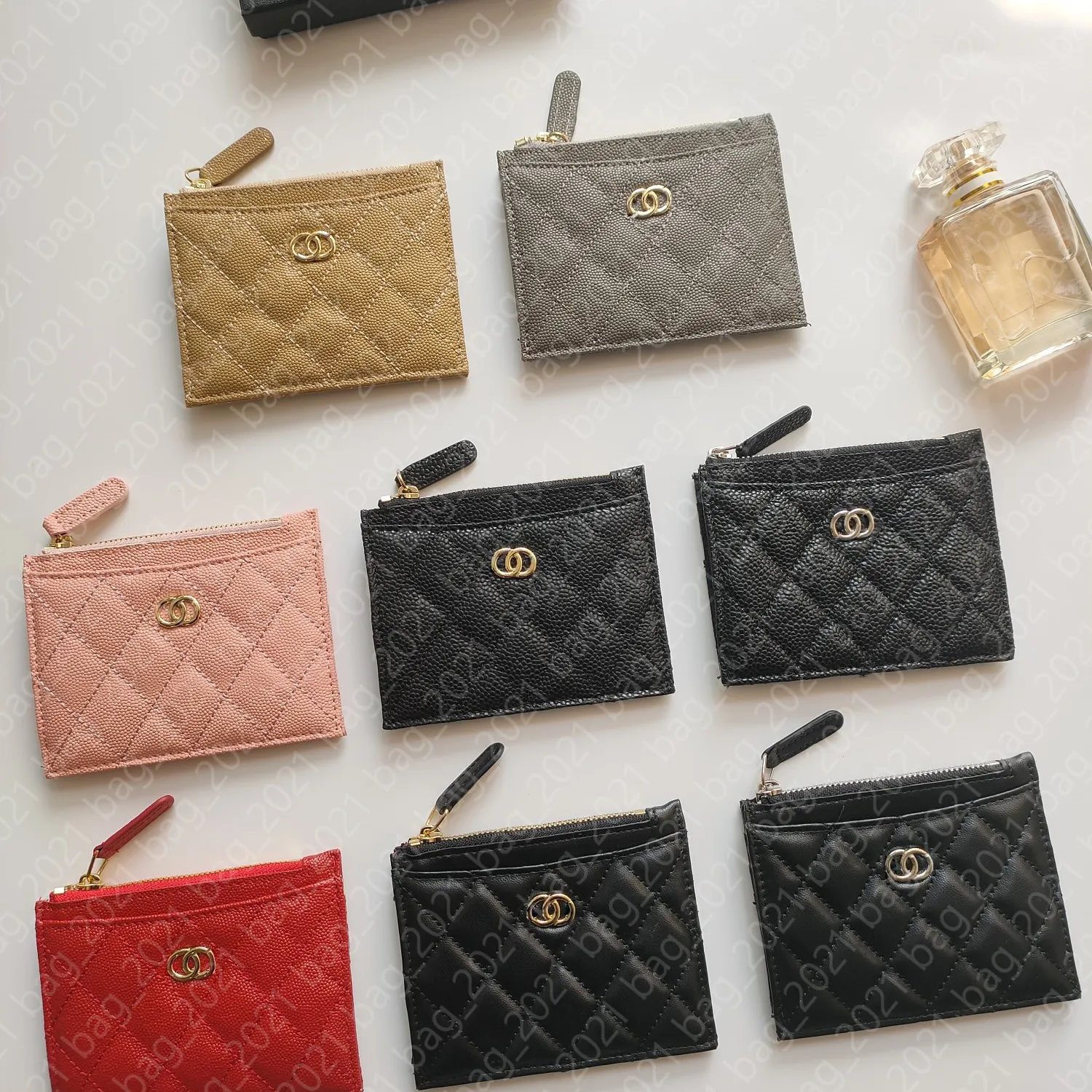 Mulheres clássicas Cc titulares de cartão Zipper Luxo Lambskin Caviar Acolchoado Bolsas Pretas de Alta Qualidade Couro Cartão de Crédito Lady Pequenas Mini Carteiras Com Caixa A84105