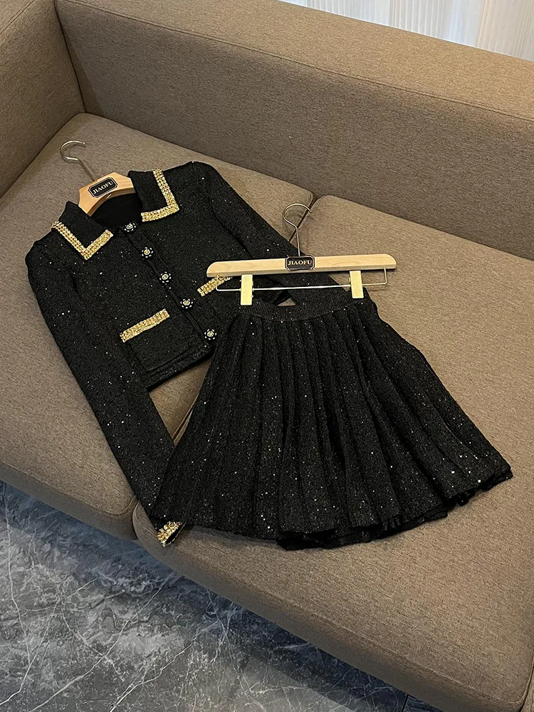 2023 Autumn Black Solid Color Two Piece Dress Sets Long Sleeve Lapel Neck Knitted Beaded Cardigans Sweater With Pleated Short Skirt Set Two Piece Suits Y3N018001