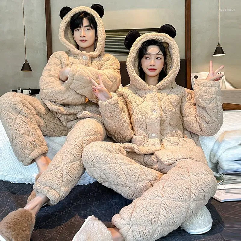 Winter Womens Lamb Fleece Pajama Set With Thickened Lamb Design