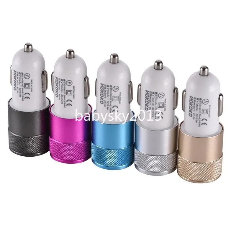 Metal Alloy Dual USB Car Charger Auto Power Adapter för iPhone 14 15 11 12 13 Samsung S6 S10 S23 S24 HTC B1