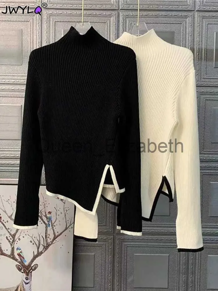 Chandails pour femmes Mode Coréenne Irrégulière Slim À Manches Longues Pull Pull Femmes Automne Noir Col Roulé Couleur Solide Top En Tricot Vintage Vêtements 90s J231108