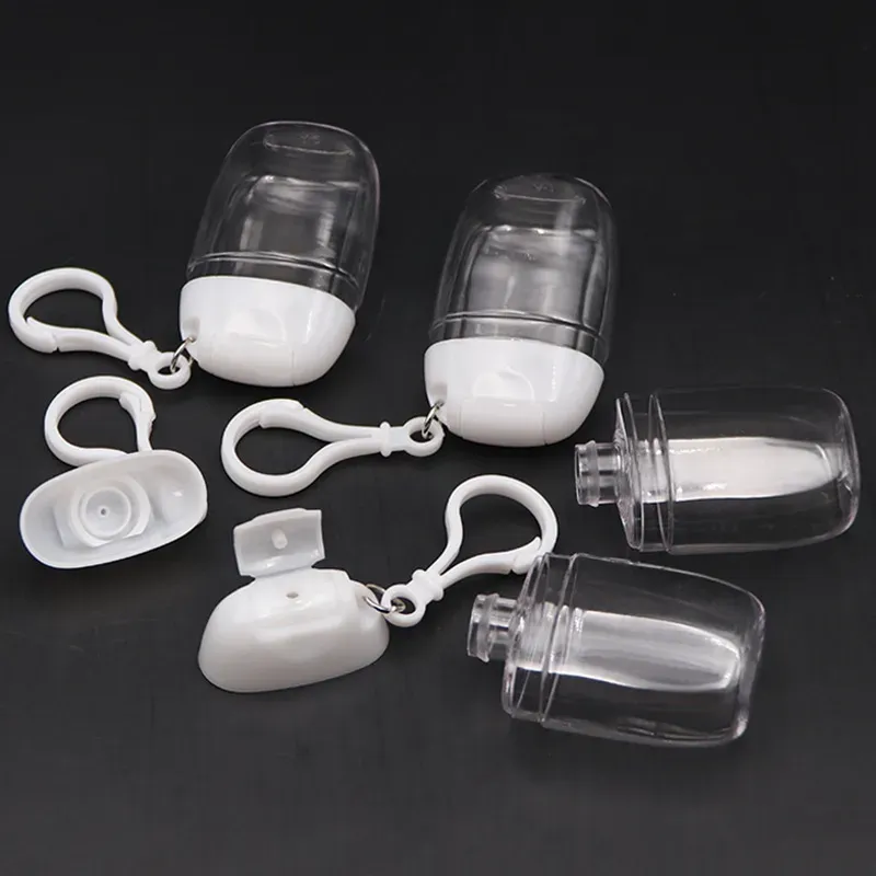 En gros 30 ml de désinfectant pour les mains bouteille en plastique bouteilles à rabat petg petit paquet d'échantillon crochet pots portable porte-clés clair transparent