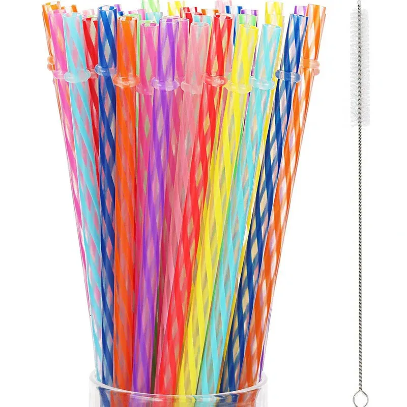 Bicchieri usa e getta Cannucce 20 pezzi Colori misti Strisce a spirale Cannucce in plastica dura PP Cannucce riutilizzabili con spazzola per la pulizia per barattolo bicchiere 230 mm di lunghezza 231109