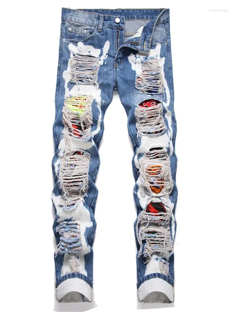 DHgate.com:Ripped Patch Mid-Waist Stretch Denim Straight Leg