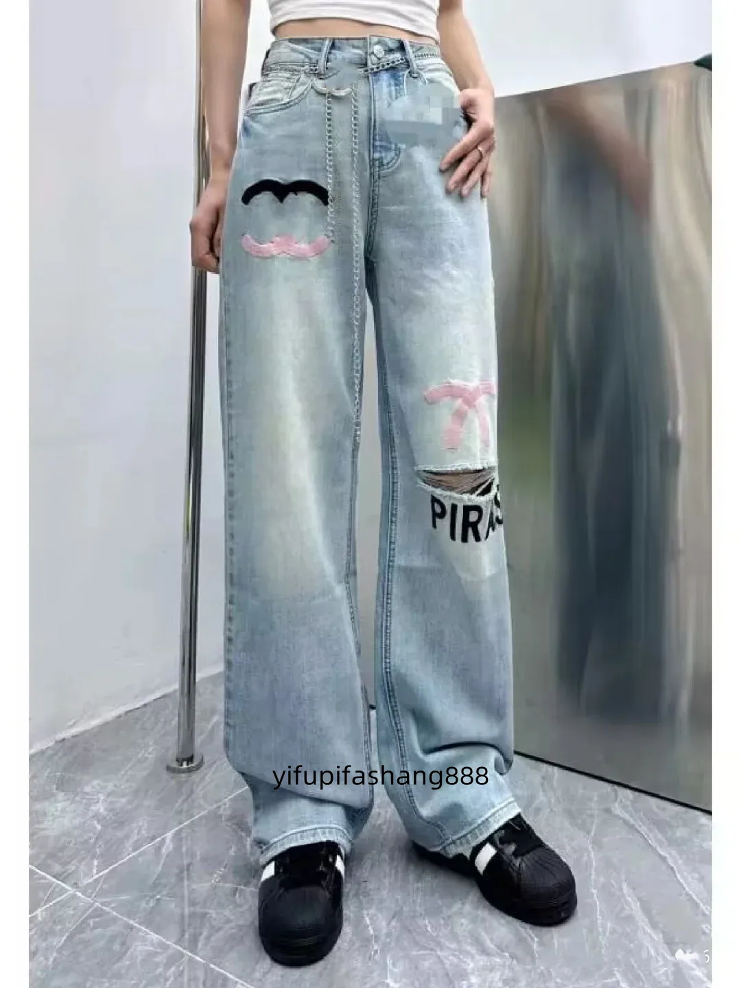 CHANNEL Top Women Clothing Jeans Hole Jeans Female Womens Sweatpants Wide Leg Bell Bottom Denim Pants Waist Blue Slacks Trousers Design