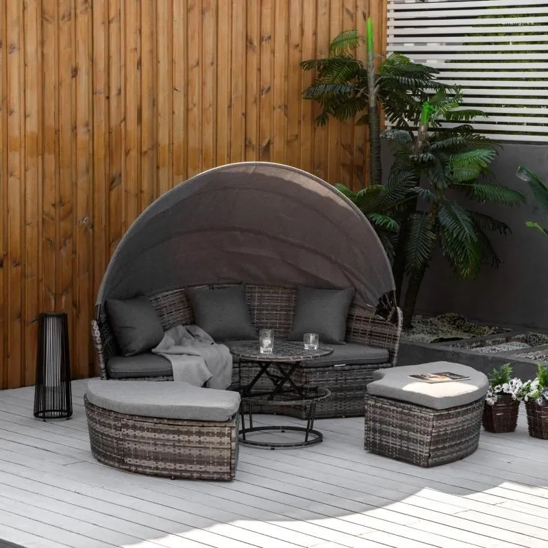 Lägermöbler 4 stycken uteplats pe wicker lounge set rund bäddsoffa med cannopy dämpad justerbar soffbord grå