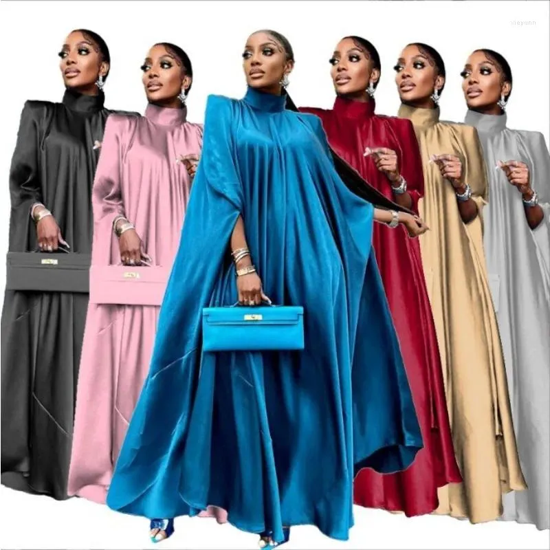 Ethnic Clothing African Dresses For Women Robe Femme Fashion Long Bat Sleeve Stand Collar Evening Pleated Solid Loose Middle Eastern Malay