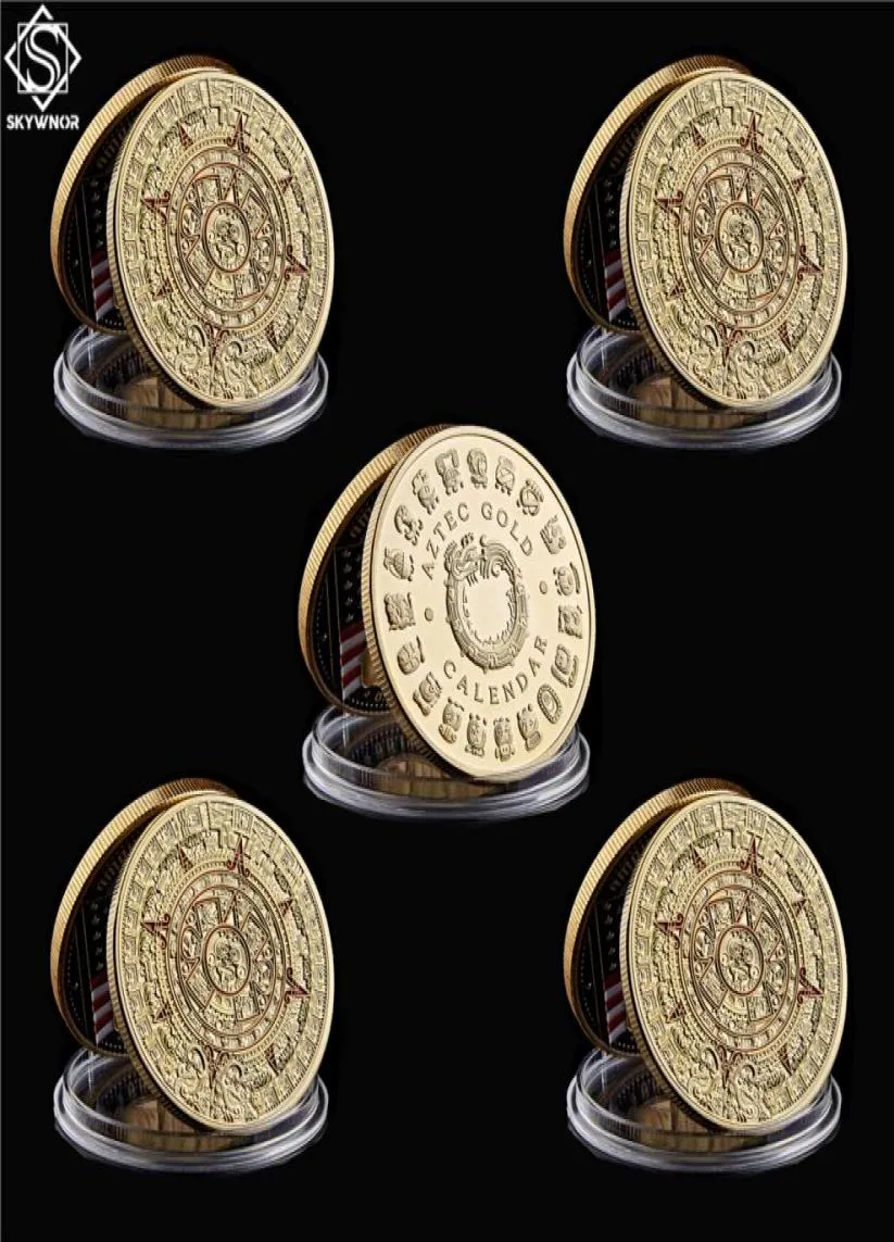 5pcslot Mexico Gold Plated Calender Azetc Craft Culture Souvenir Copy Coin Collectibles3407003