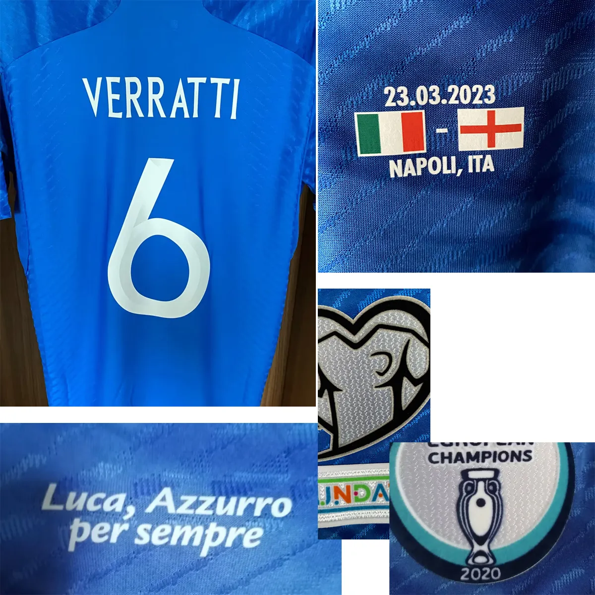 Jogador de lembranças colecionáveis ​​emissão de Itália Maillot vs Inglaterra Verratti Barella Spinazzola Luca Azzurro por Semper Patch Patch Printing