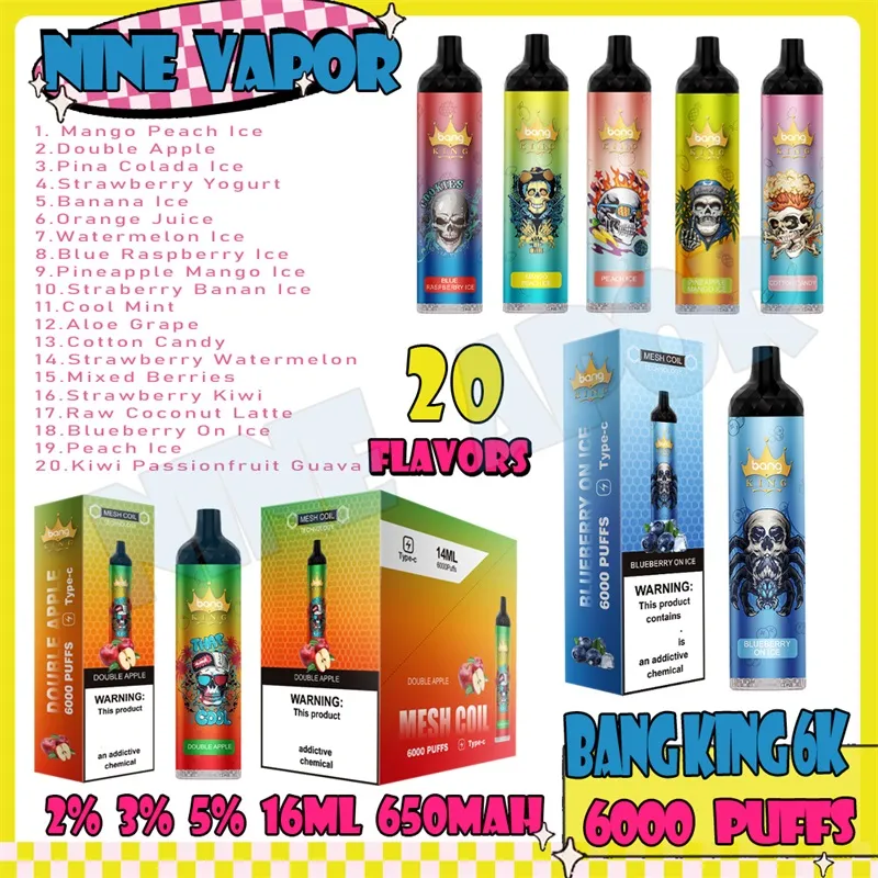 Orijinal Uzy Bang King 6000 Puf Puf Tek Kullanımlık E Sigaralar 0.8ohm Mesh Bobin 14ml Pod Pil Şarj Edilebilir Elektronik CIGS Puff 6k 0% 2% 3% 5% 5% Tek kullanımlık vape