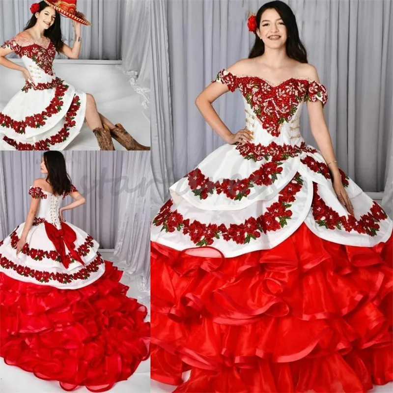 Charro Mexican Theme Quinceanera Dresses With Detachable Train 2 In 1 Short Vestido De Debutante 15 Anos Off Shoulder Beaded Embroidery Flower vestidos de xv anos