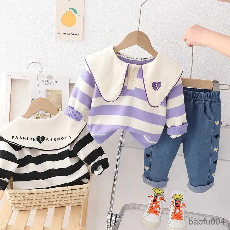 Ensembles de vêtements Ensembles de vêtements pour filles en bas âge Printemps Automne Bébé Casual Manches longues Tenues Enfants Enfants Rayé Poupée Col Top + Jeans 2Pcs