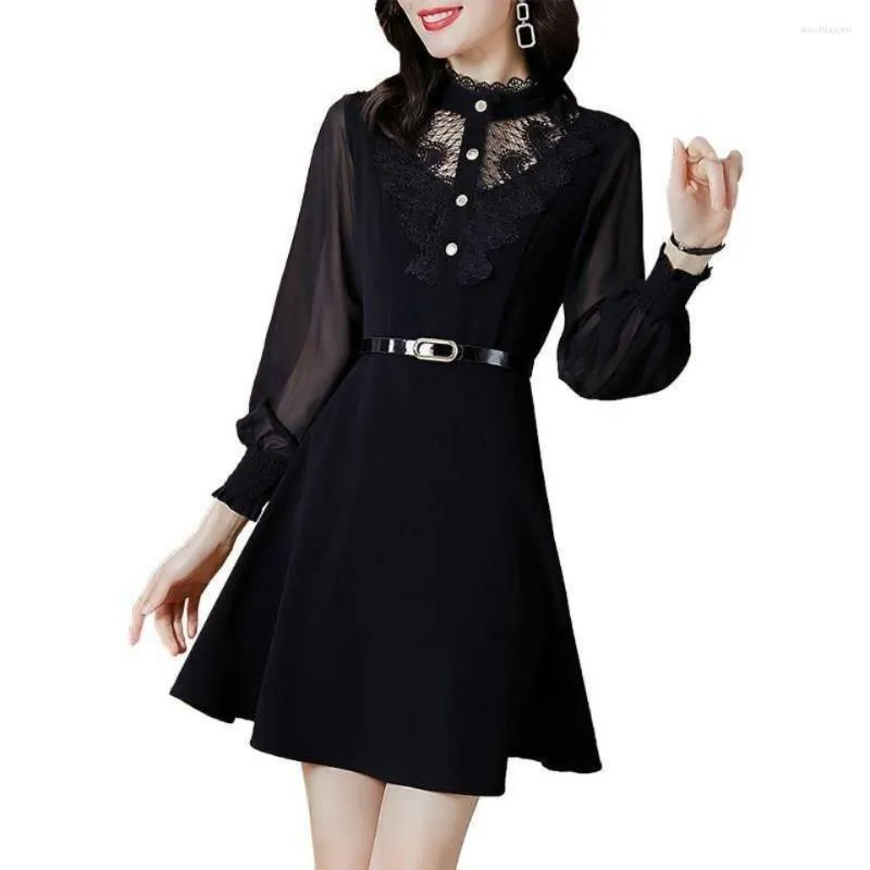 Robes décontractées en mousseline de soie dentelle dame 2023 printemps été longue femme surdimensionné taille mince noir manches robe femmes vêtements