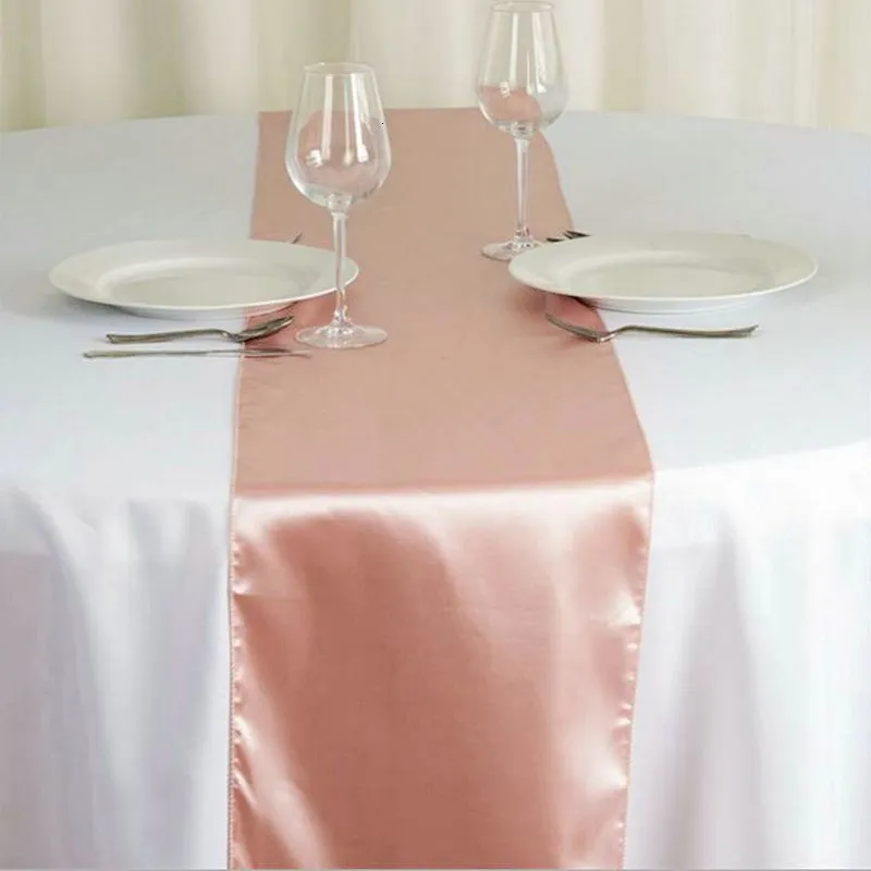 Стол -бегун 10 розово -золотой атласный свадебный стол бегун шелковой столик, бегун, используемый для Event El Party Table Decoration 230408