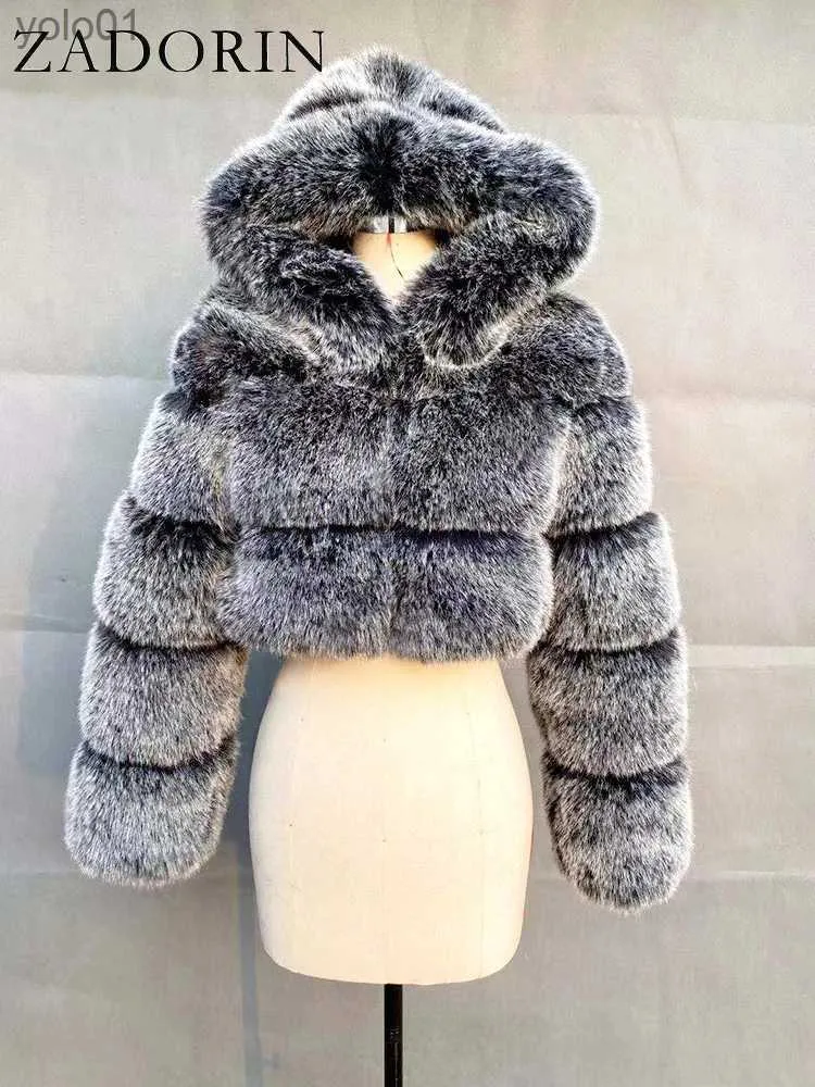 Women's Fur Faux Fur ZADORIN High Quality Furry Cropped Faux Fur Coats and Jackets Women Fluffy Top Coat with Hooded Winter Fur Jacket manteau femmeL231109