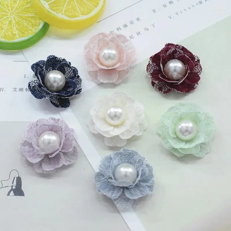 Decorative Flowers 10PCS/Lot 4CM Pearl Center Multi Layer Lace Fabric Hair Accessories DIY Flower Wedding Girls Dress Clothing Decorations