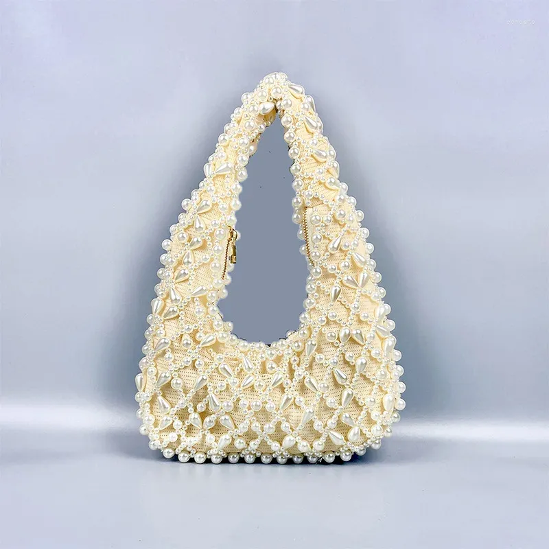 Evening Bags Women's Vintage Ins Pearl Rhinestone High Quality Ladies Handbag Handmade Beaded Knitted Commuter Underarm Shoulder Bag