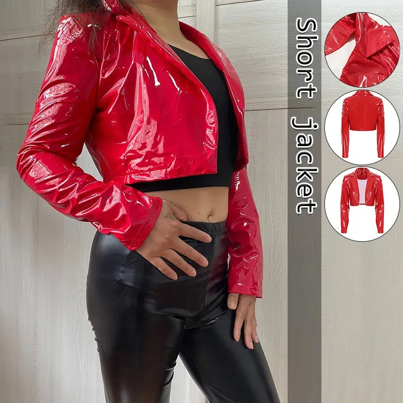 Pele feminina pele sintética pu brilhante casaco de couro curto tendência superior motocicleta cintura sexy jaqueta espelho vermelho pu brilhante couro boate uniforme s-3xl 231109