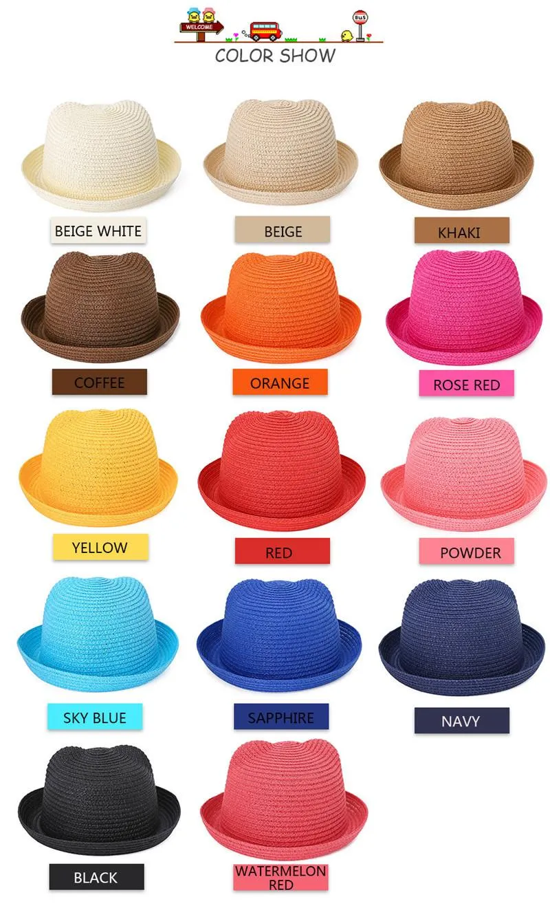 Straw Hats Kids Character Ear Decoration Summer Cap Baby Sun Hat For Girl Boys Bucket Cap For Children Hat Beach Panama Caps TO599