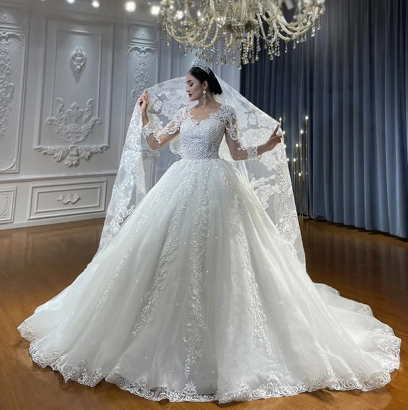 2024 elegante a linha vestido de casamento de renda colher apliques de renda mangas longas ilusão vestidos de noiva femininos feito sob encomenda