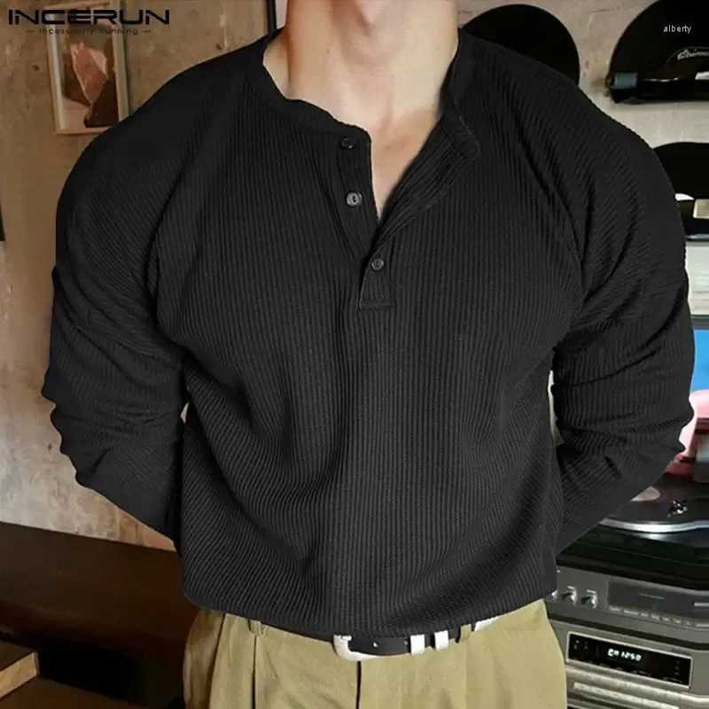 Мужские футболки INCERUN Топы 2023 Корейский стиль Красивые однотонные футболки в полоску Модный повседневный пуловер с длинным рукавом Camiseta S-5XL