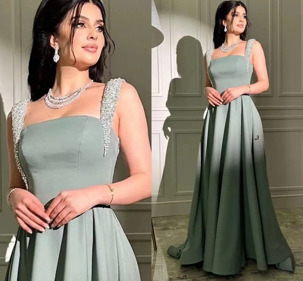 Vintage Sage Green Satin Long Evening Dress glänsande pärlor Remmar Dubai Saudi Arabiska kvinnor Födelsedagsfestklänning Prom klänningar 2024 Robe de Soiree Vestidos de Fieast