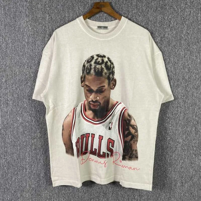 Ins Summer American High Street Rodman Bug Figür Baskı Kısa Kollu Tee Erkekler Yıkanabilir Eski Gevşek Tişört