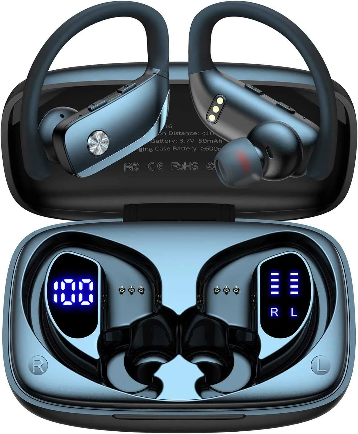 Kabellose Ohrhörer, Bluetooth-Kopfhörer, 48-Stunden-Wiedergabe, Sport-Kopfhörer mit LED-Anzeige, Over-Ear-Kopfhörer mit Ohrbügeln, integriertes Mikrofon, Headset für Workout, Schwarz