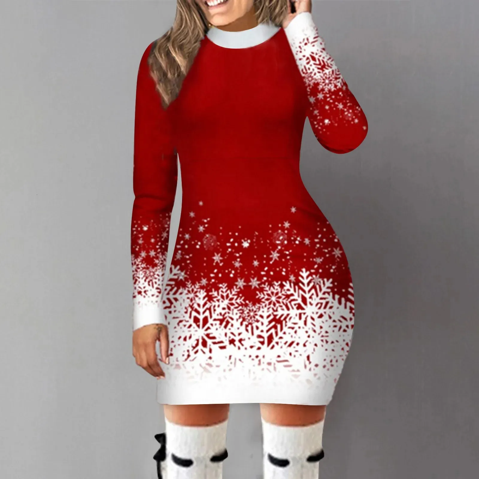 Basic Casual Dresse's Weihnachtskleid Hip Wrap Slim Fit Herbst Winter 2023 Kleider Rundhalsausschnitt Schneeflocke bedruckt Langarm Partykleidung 231108
