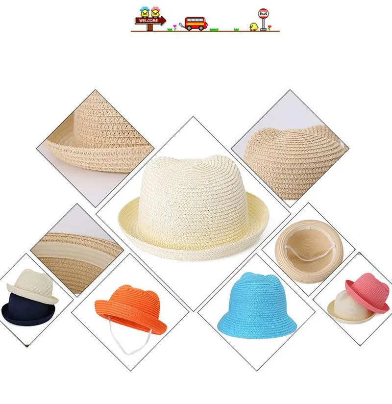 Straw Hats Kids Character Ear Decoration Summer Cap Baby Sun Hat For Girl Boys Bucket Cap For Children Hat Beach Panama Caps TO599