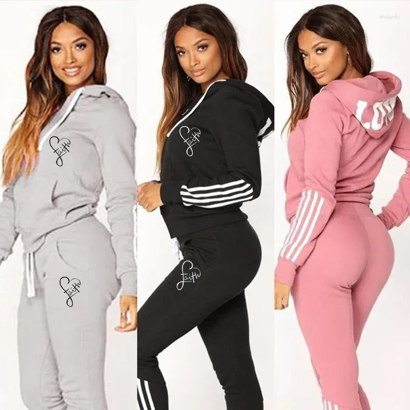 Calças femininas de duas peças moda senhoras impresso hoodies peças longas conjunto outono inverno mulheres treino jogging esportes wear terno