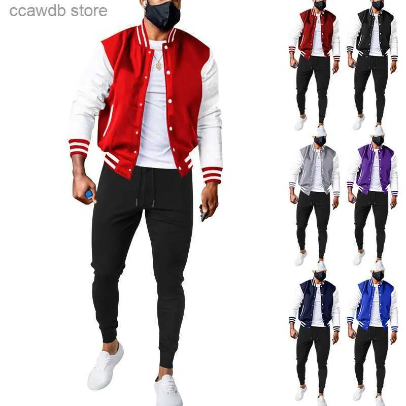 Survêtements pour hommes Ensemble décontracté Costume de baseball Mode Col montant Couleur Bloc Pull Veste de vol Automne et hiver Ensemble deux pièces T231109