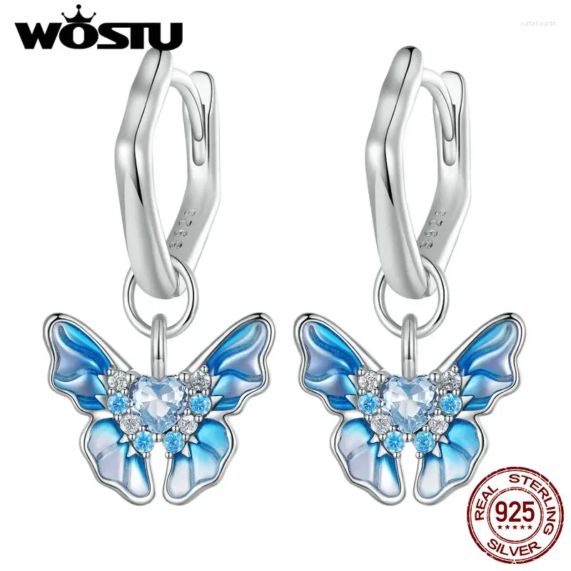 Boucles d'oreilles WOSTU 925 en argent Sterling bleu papillon goutte cerceau femmes rêveur Zircon huile imprimé clips d'oreille déclaration bijoux de mariage