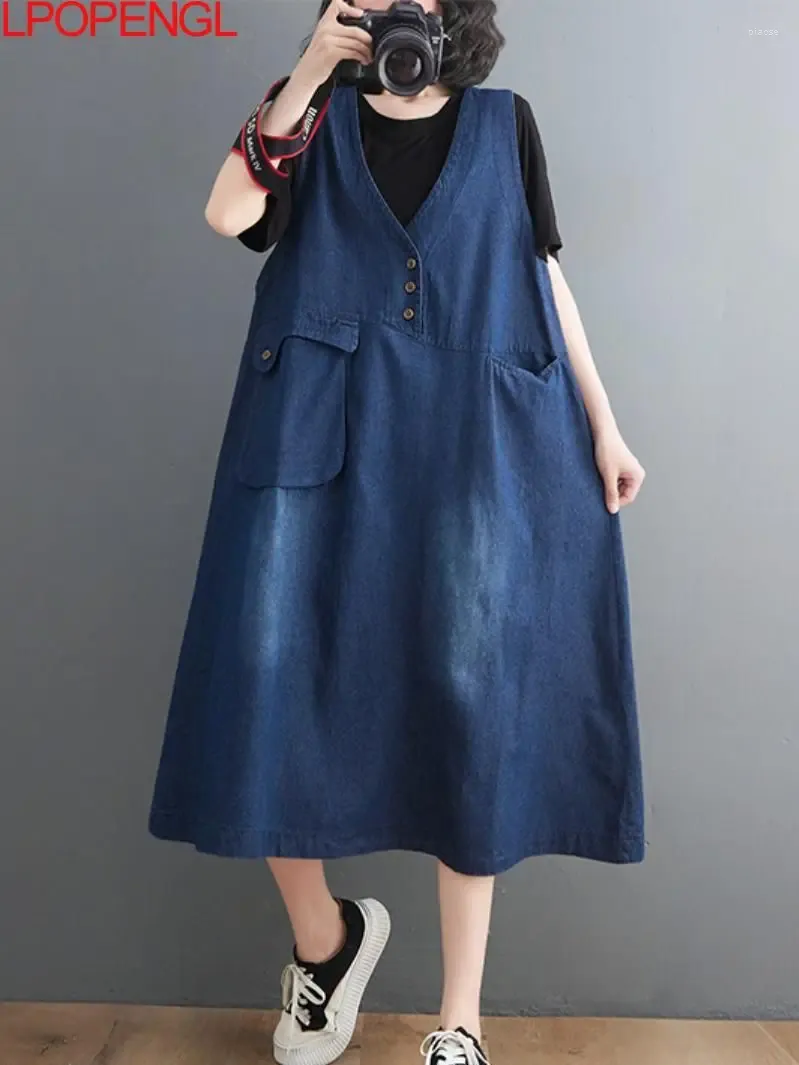 Robes décontractées Femmes Vintage Bleu Denim Dames Col V Lâche Gilet Jupe Sans Manches Bretelles Longue Femme Robe Surdimensionnée 2023