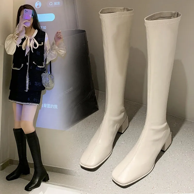 Buty Slim Woman Knight Kolan-Knee Boots Square 6 cm pięty panie zamki błyskowe miękkie skórzane zimowe buty buty dla kobiet 231108